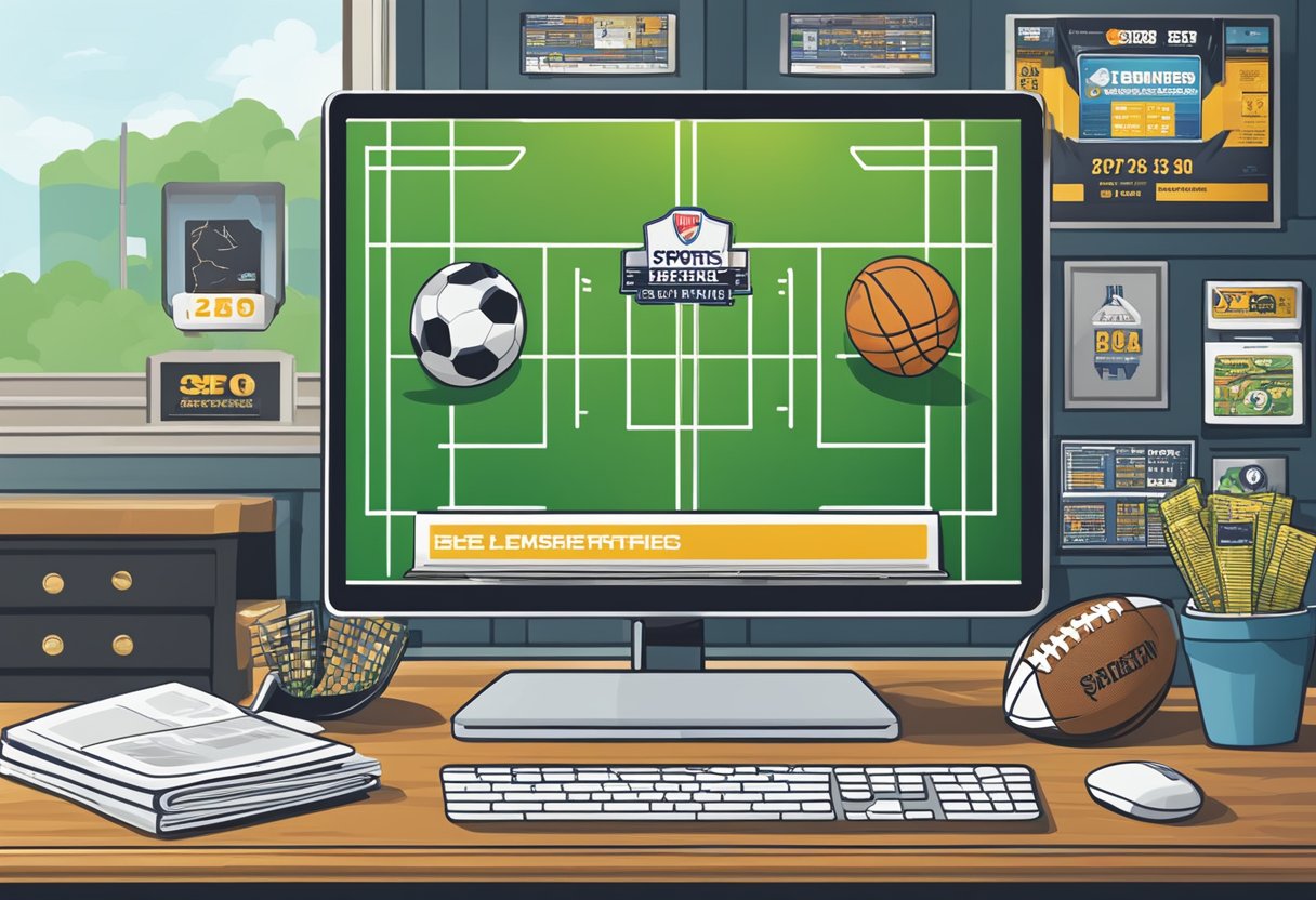 A computer with a sports betting website displayed, surrounded by New Jersey-themed sports memorabilia