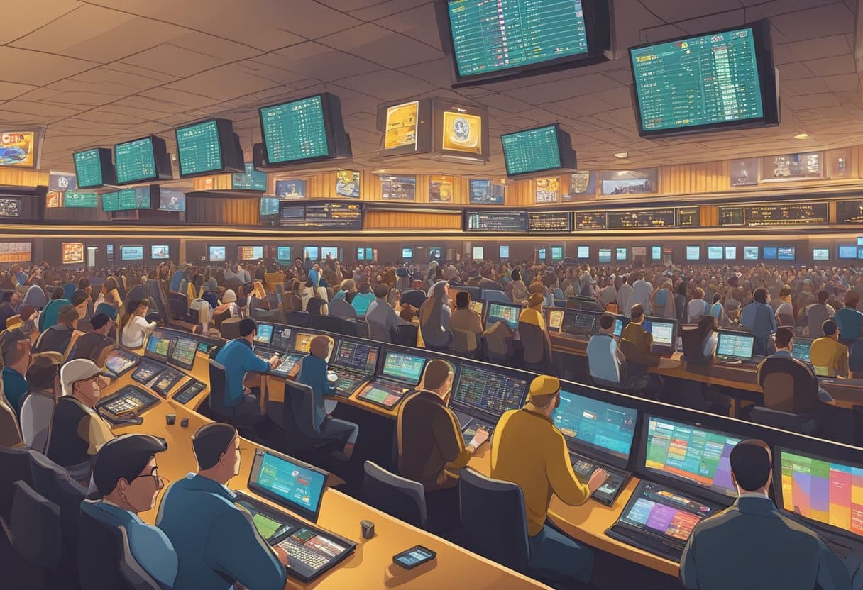 A crowded sportsbook with odds boards, screens, and bettors