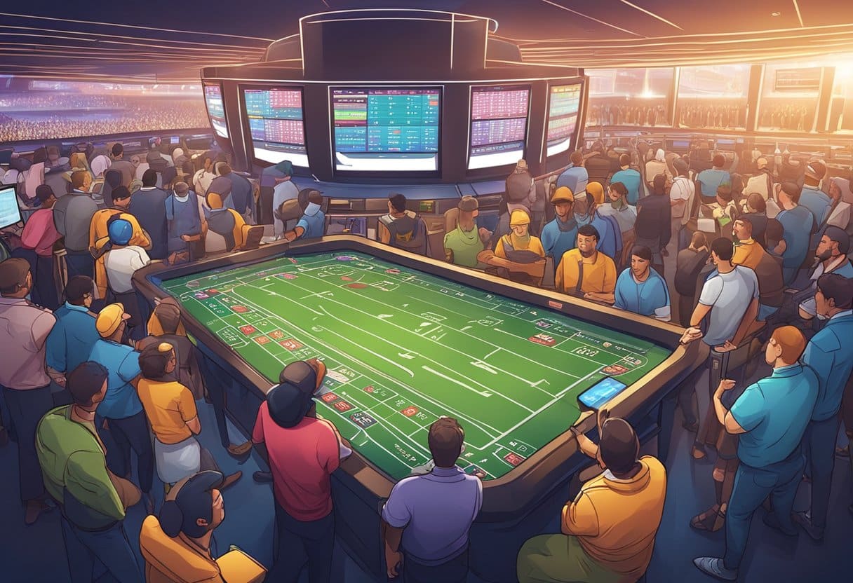 A bustling sportsbook with digital screens displaying live odds and statistics, surrounded by eager bettors and a vibrant atmosphere