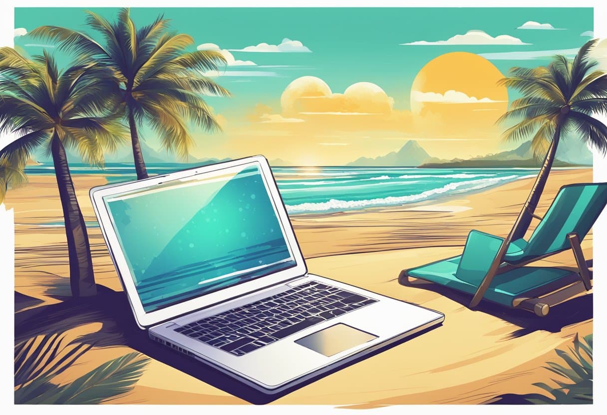 A sunny beach with a laptop and palm trees, depicting online sports betting in Florida