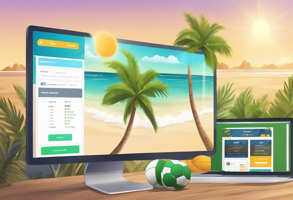 A computer screen displaying a website with sports betting options, surrounded by palm trees and a sunny beach backdrop