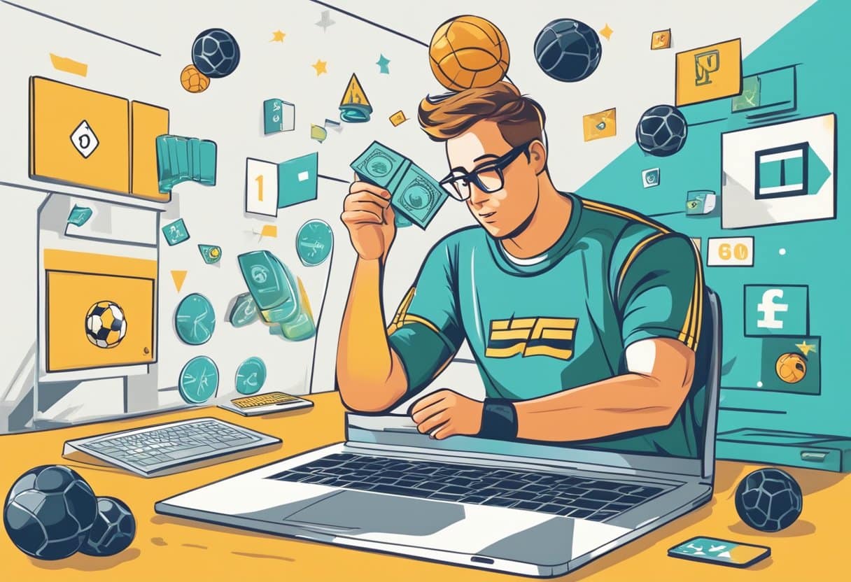 A colorful illustration of a person placing a bet on a sports game online, surrounded by symbols of consumer protection and responsible gaming