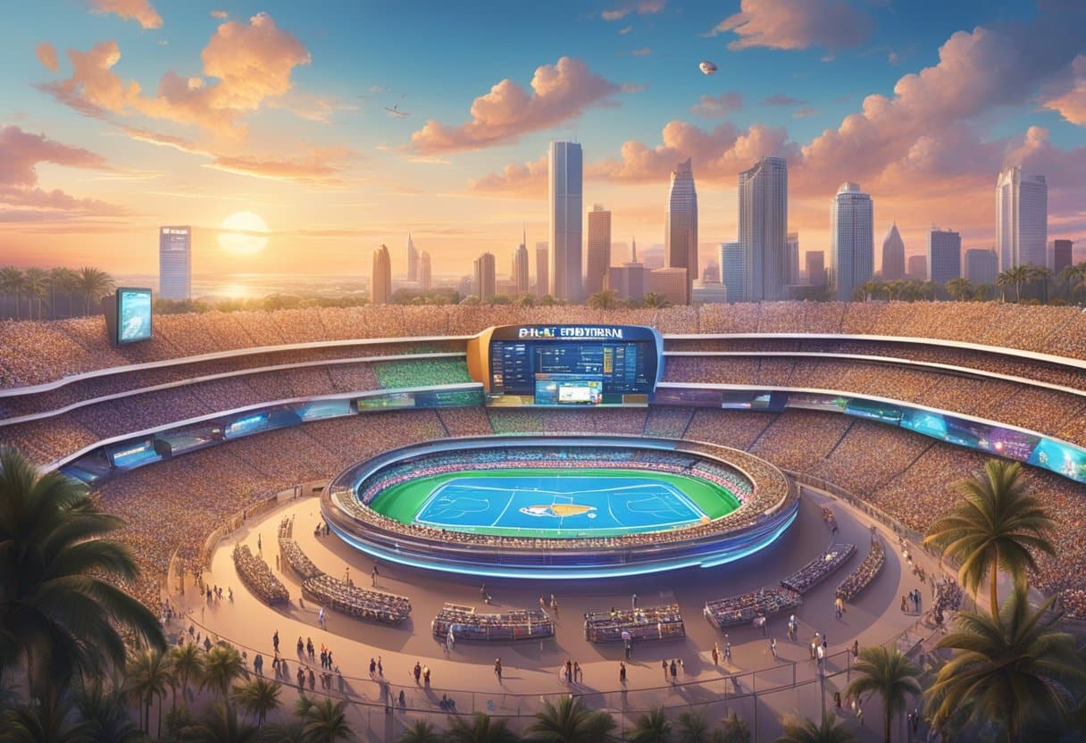 A crowded digital arena with various sports betting platforms vying for attention, set against the backdrop of Florida's iconic landscapes and landmarks