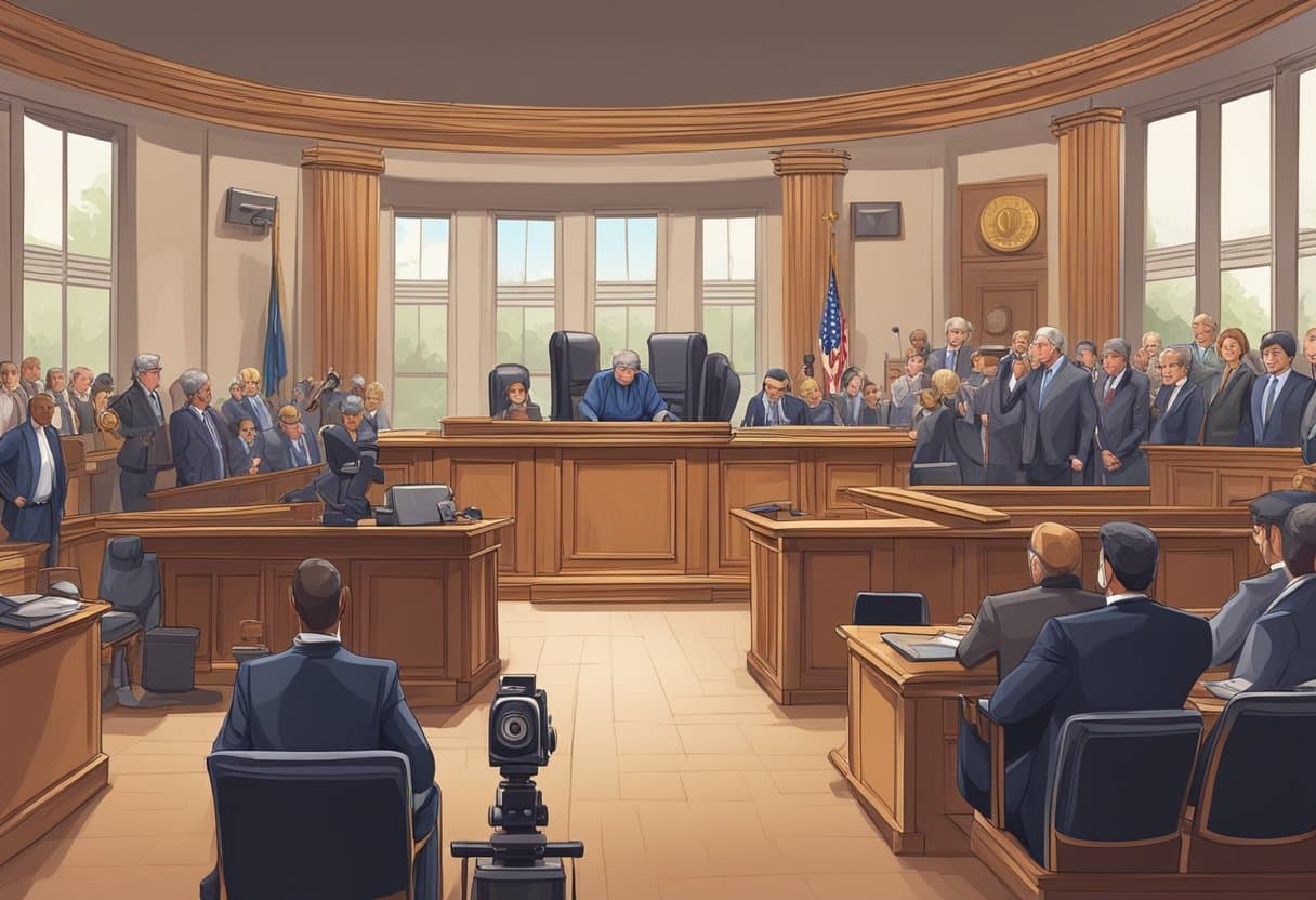 A courtroom with judges, lawyers, and spectators. A scale symbolizing justice. Money and sports equipment scattered. Media cameras capturing the scene