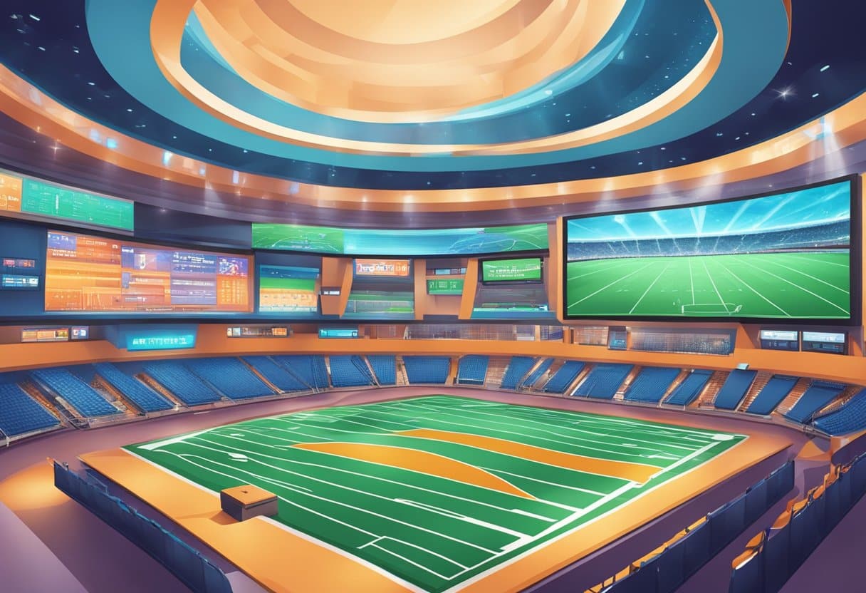 A futuristic stadium with digital screens and interactive betting kiosks in Florida