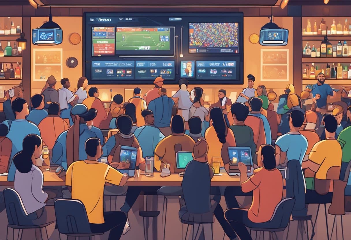 A crowded sports bar with multiple screens showing live games, people cheering and placing bets on their phones