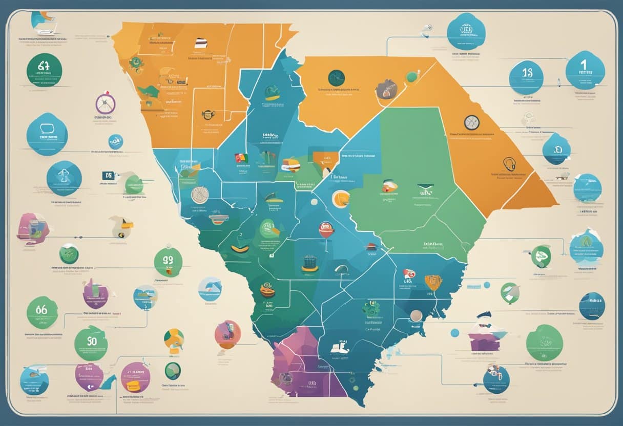 A map of Georgia with sports betting websites and statistics displayed, surrounded by various sports equipment and symbols