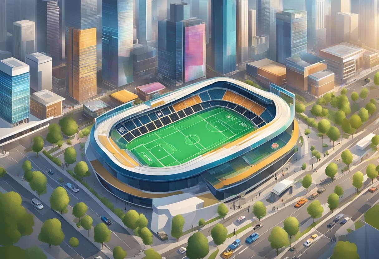 A bustling cityscape in Georgia with digital devices and sports arenas, showcasing the future of online sports betting