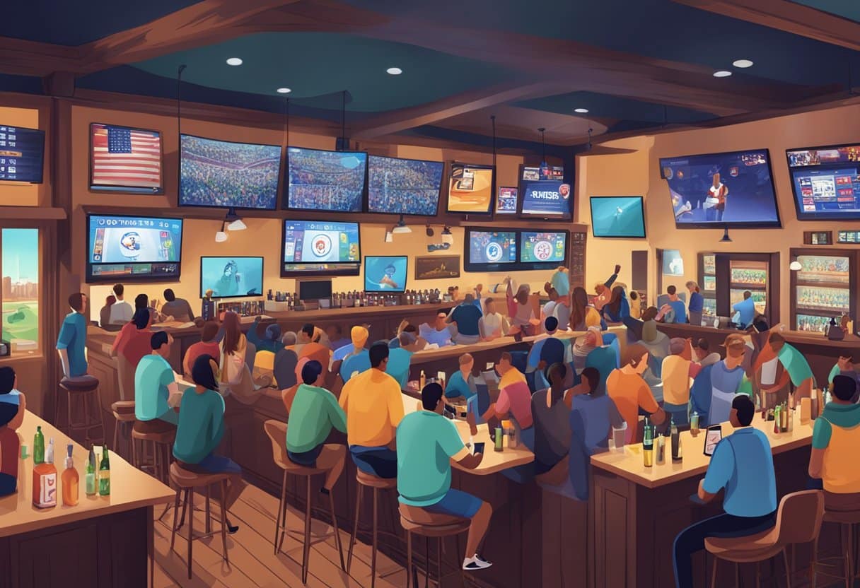 A crowded sports bar with multiple screens displaying live sports events, while patrons place bets on their phones and tablets at the bar