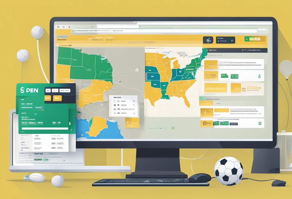 A computer with a sports betting website open, surrounded by sports equipment and a PA state map