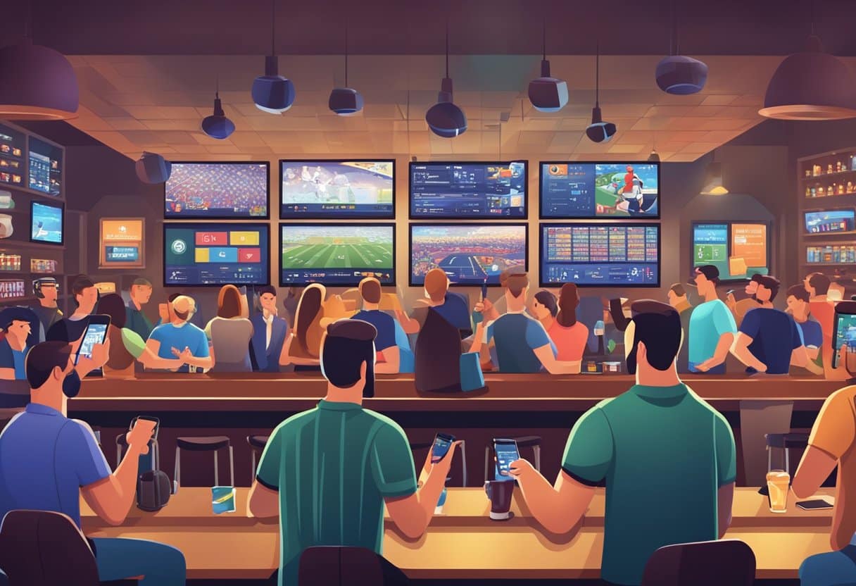 A crowded sports bar with multiple screens showing live sports events, people cheering and placing bets using their smartphones