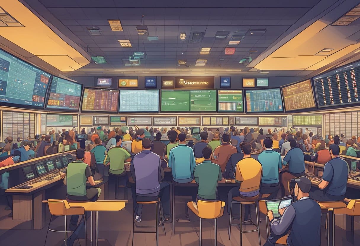 A crowded sportsbook with various betting options displayed on screens and posters, with people placing bets at the counter and studying the odds