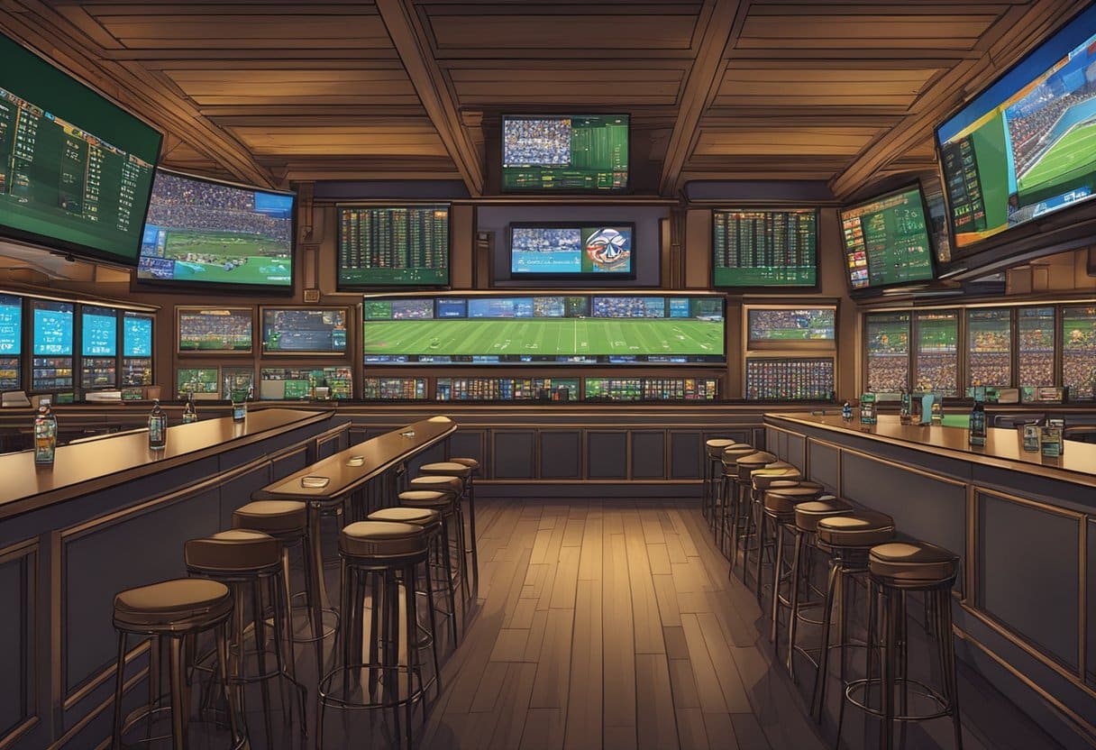 A crowded sports bar with multiple screens displaying live games and odds boards for various sports betting opportunities