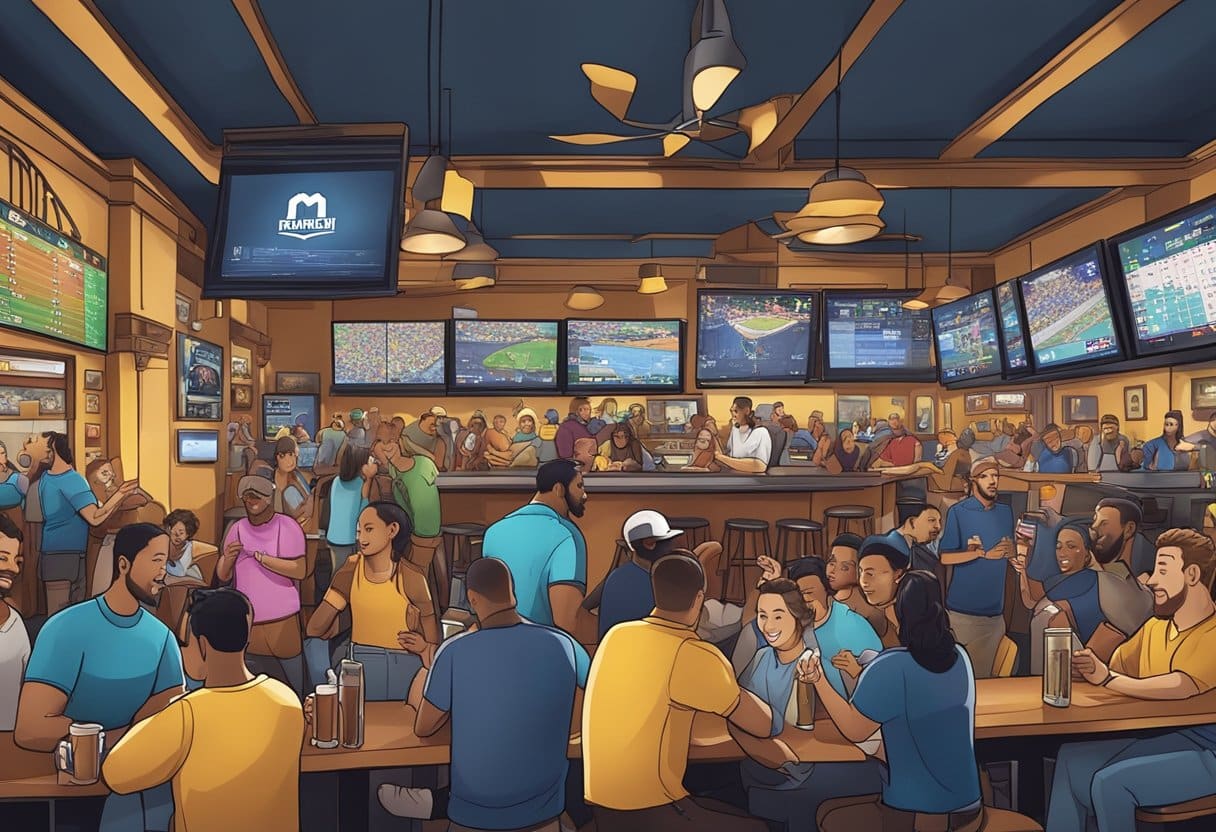 A bustling Michigan sports bar with patrons watching games on big screens, placing bets on their phones, and cheering for their favorite teams