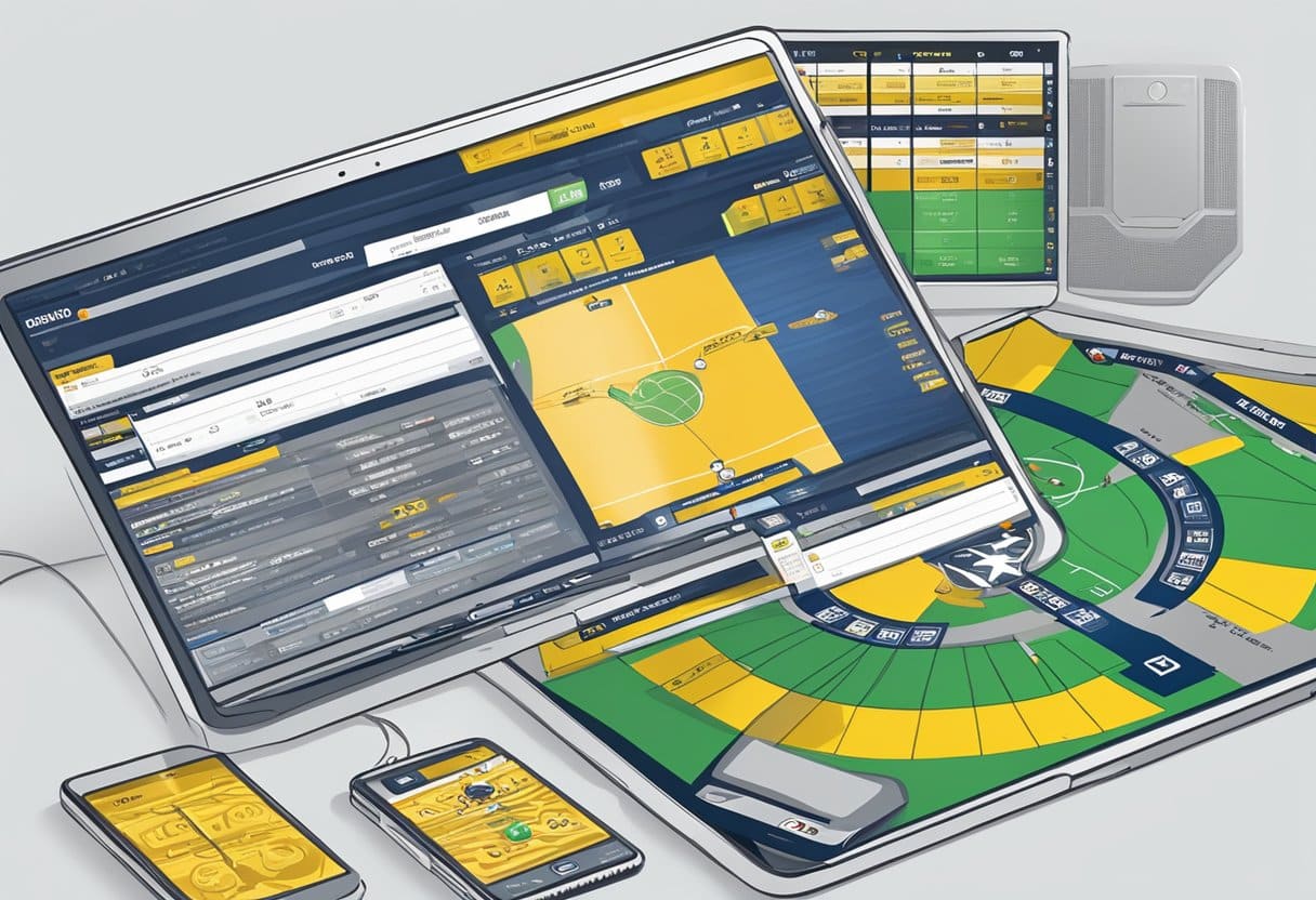 A digital illustration of a computer screen displaying the Michigan Gaming Control Board website with online sports betting information