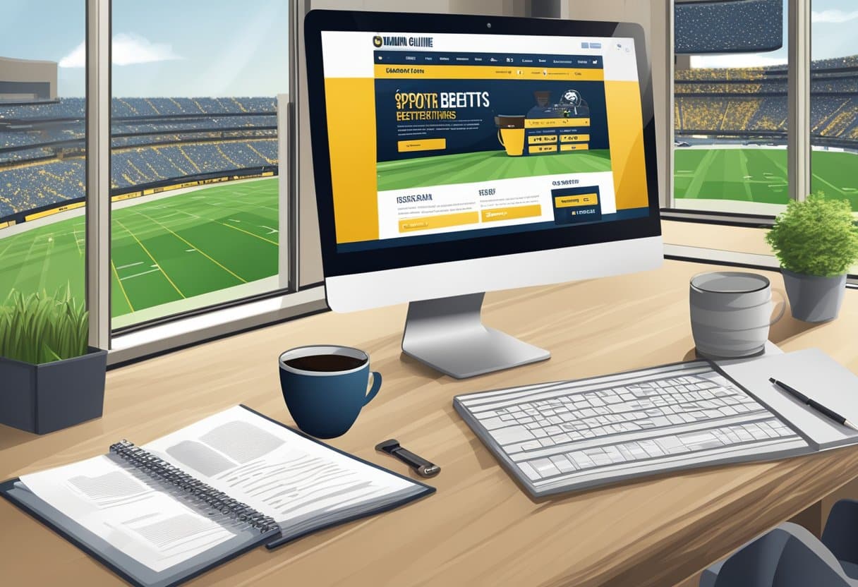 A computer screen displaying a Michigan online sports betting website, with a smartphone and a cup of coffee on a desk