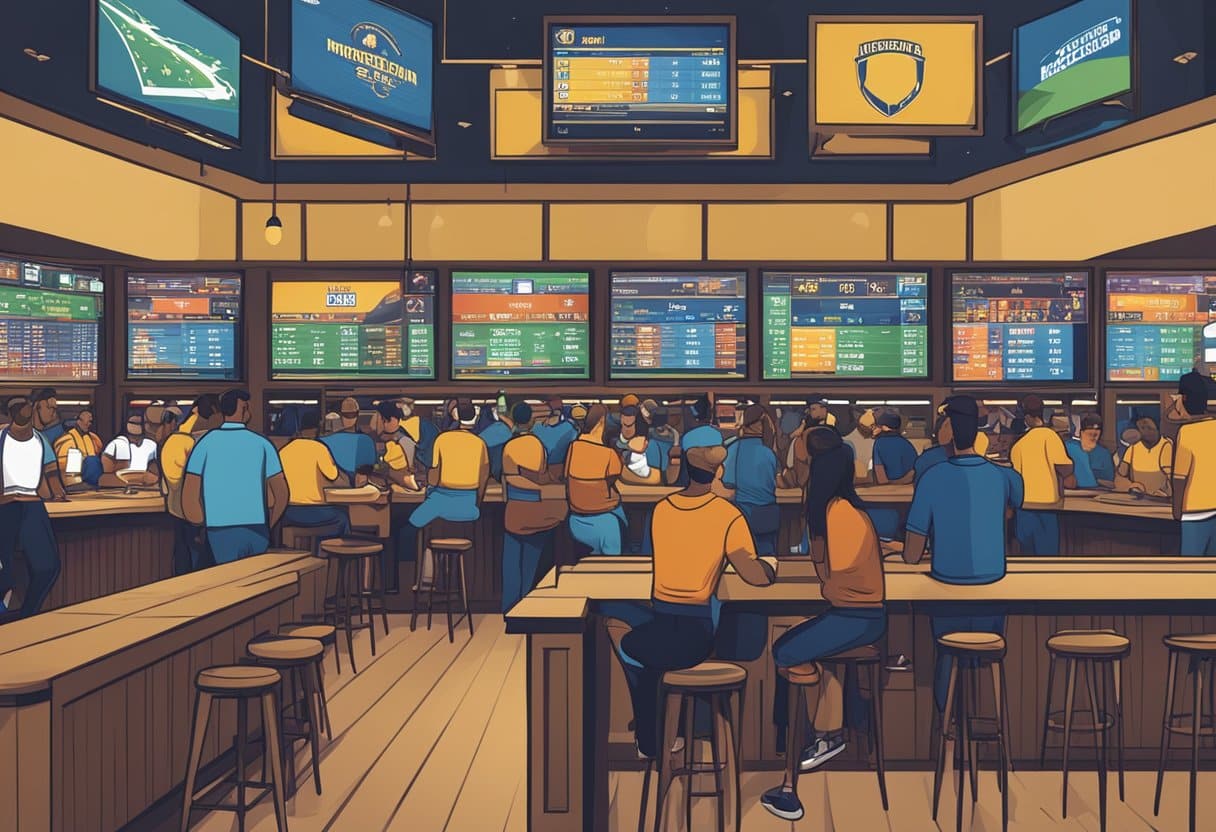 A crowded sports bar with multiple screens showing different betting options for Michigan online sports betting