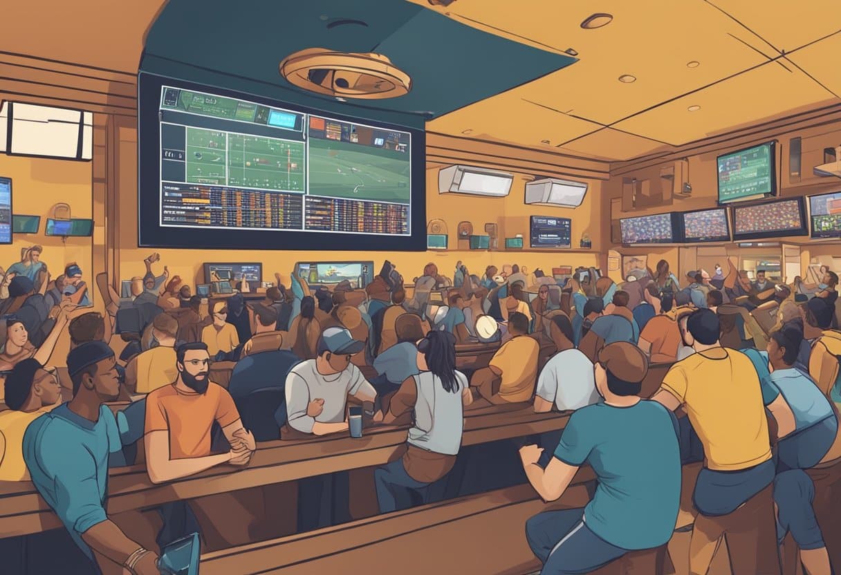 A crowded sports bar in Michigan with people cheering and watching various sports games on large screens, while others are placing bets online