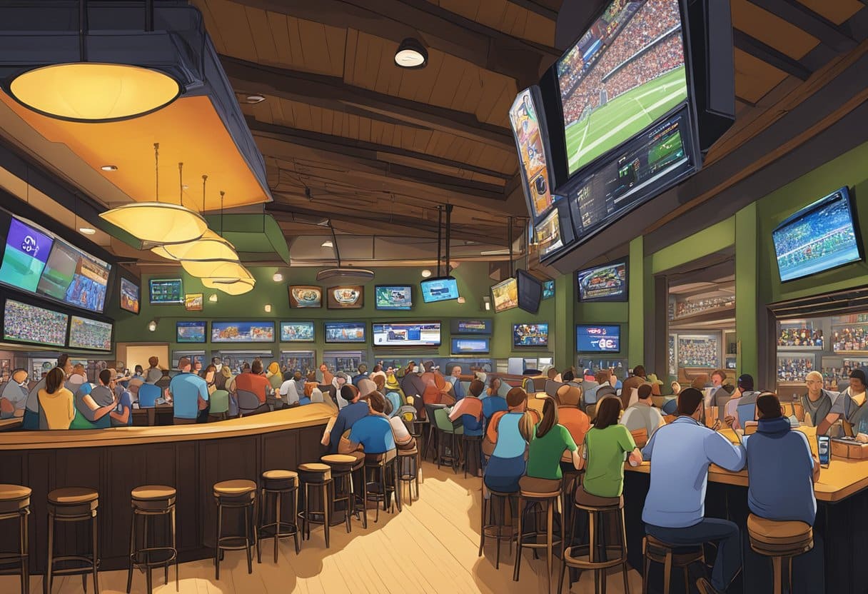 A bustling sports bar in Michigan with patrons placing bets on their mobile devices while watching live games on big screens